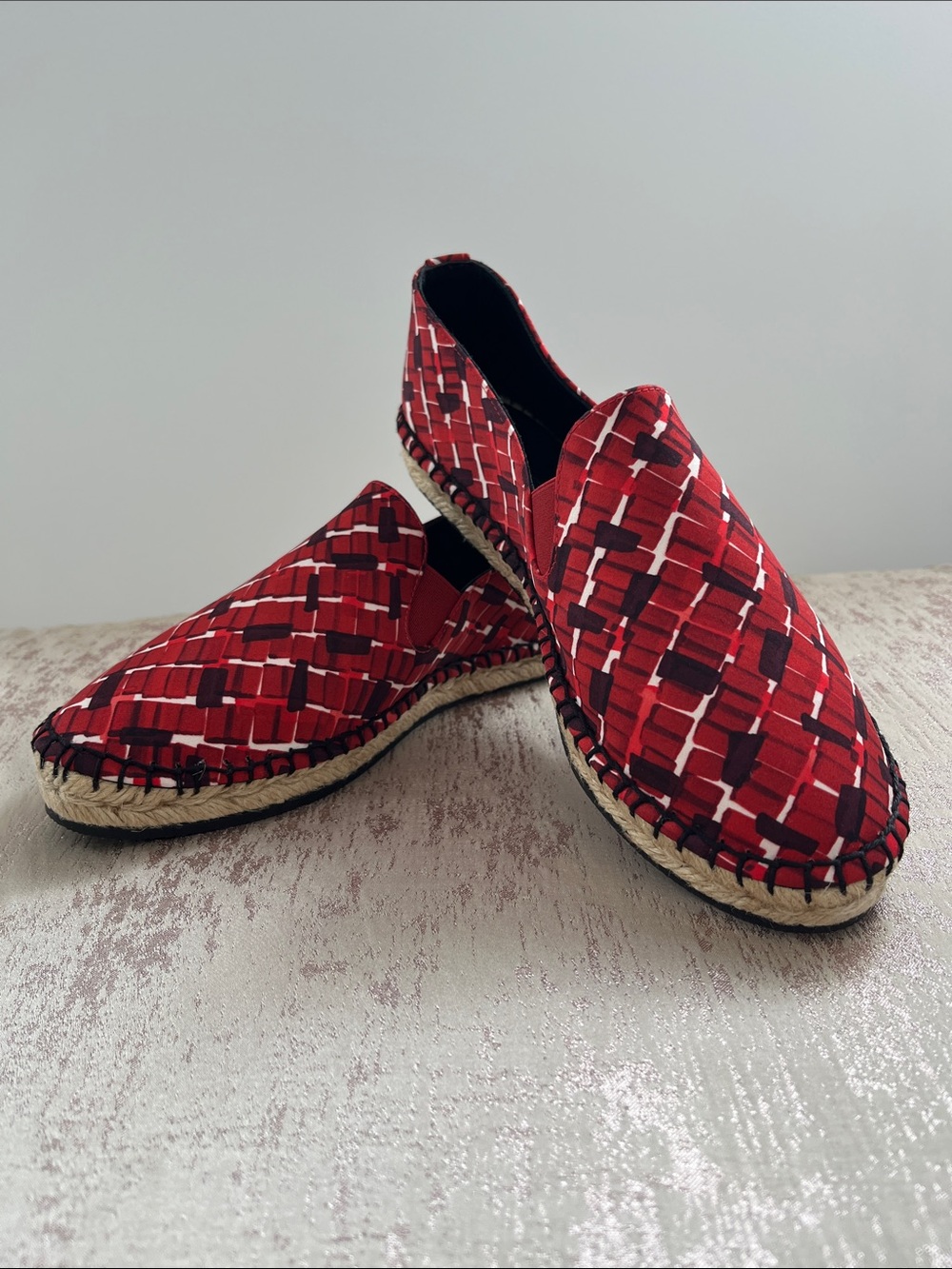 Bottega Veneta Red Grid-Patterned Slip-On Espadrilles